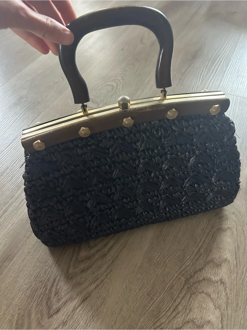 Vintage 1960s Raffia/Wooden Handbag, Purse